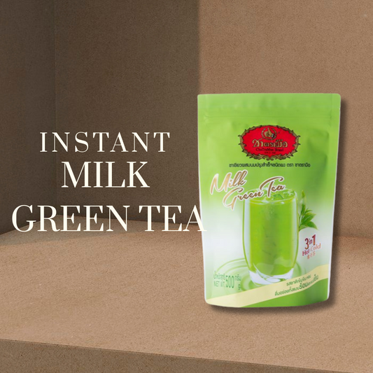 Packaging of Instant Milk Green Tea powder in a green and white bag brand Cha Tra mue